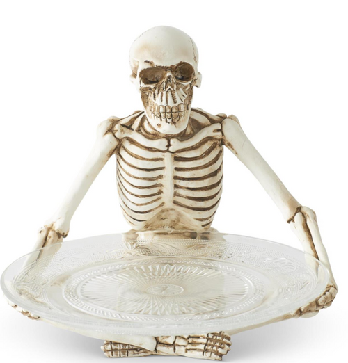 10in RESIN SITTING SKELTON HOLDING GLASS PLATE