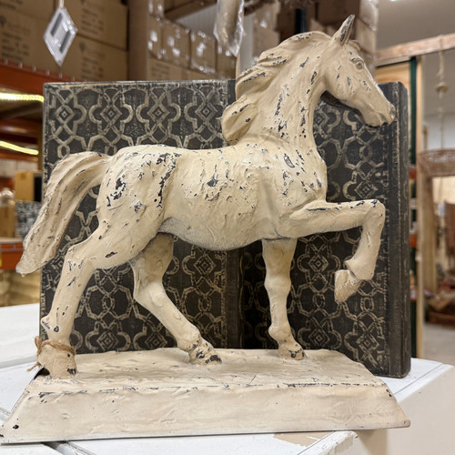 Textured horse sculpture on stand with a distressed, rustic finish—perfect for farmhouse, western, or equestrian-inspired home décor and tabletop styling.