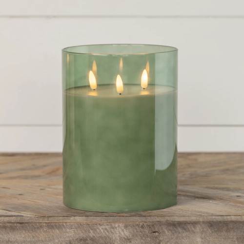 8" GREEN GLASS 3 WICK 3D FLAME CANDLE