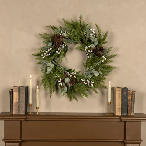 24" WHITEWASHED HEMLOCK WREATH W/ WHITE BERRIES