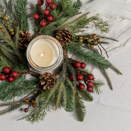 16" REDWOOD PINE BERRIES & PINECONES CANDLE RING