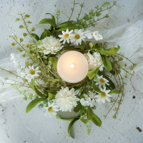 12" WHITE POM POM WILDFLOWER CANDLE RING