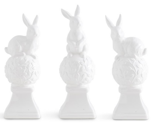 White Ceramic Finials w/Bunnies on Top ASST EACH