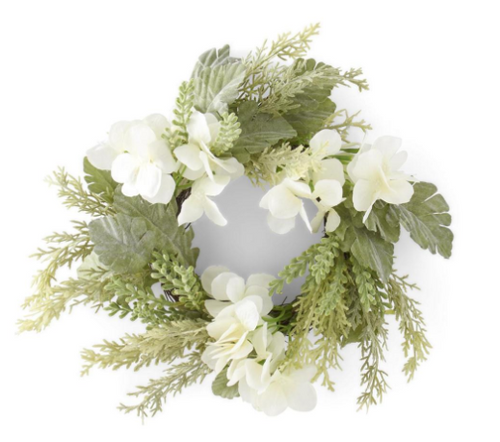 12 Inch Soft Green Mixed Foliage & White Hydrangea Candle Ring (4"Dia.)