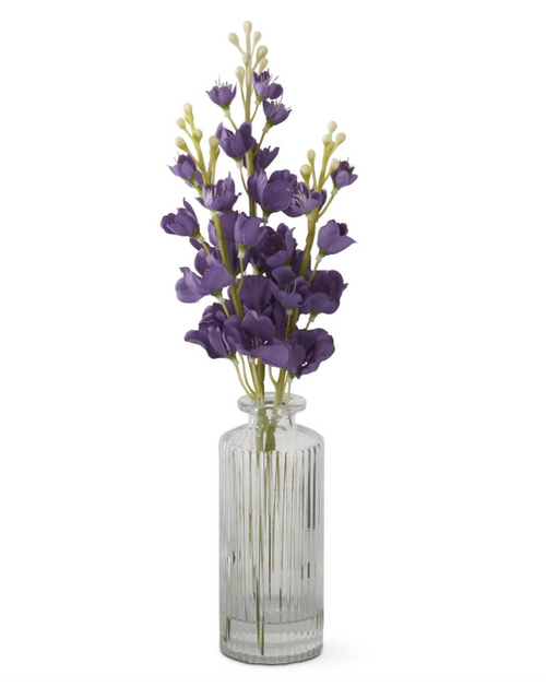 12 Inch Purple Delphinium Premade in Glass Vase w/Faux Water