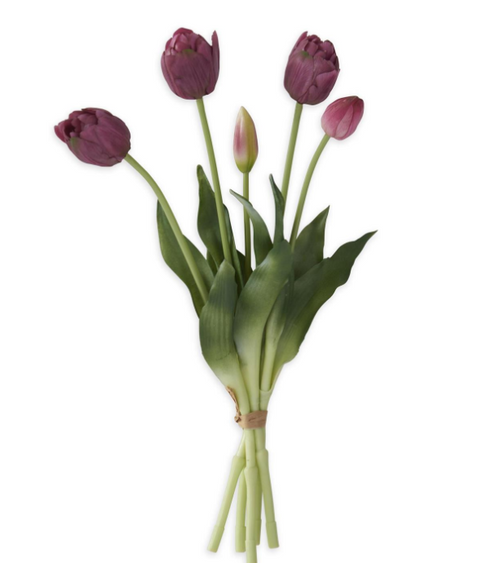 15 Inch Purple Real Touch Tulip Bud & Bloom Bundle UV Protected (5 Stem