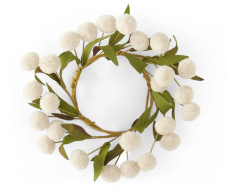 8.5 Inch Cream Pompom w/Green Eva Leaves Candle Ring