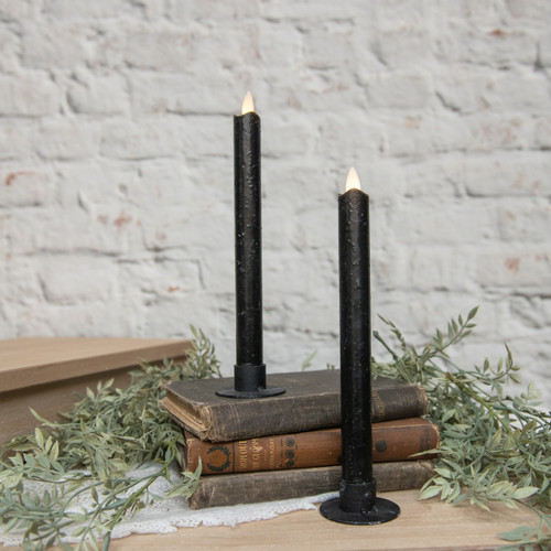 SET/2 9.5IN MOVING FLAME BLACK TAPER CANDLE