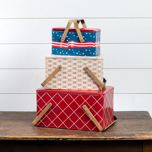 SET/3 RED WHITE BLUE PICNIC BASKETS