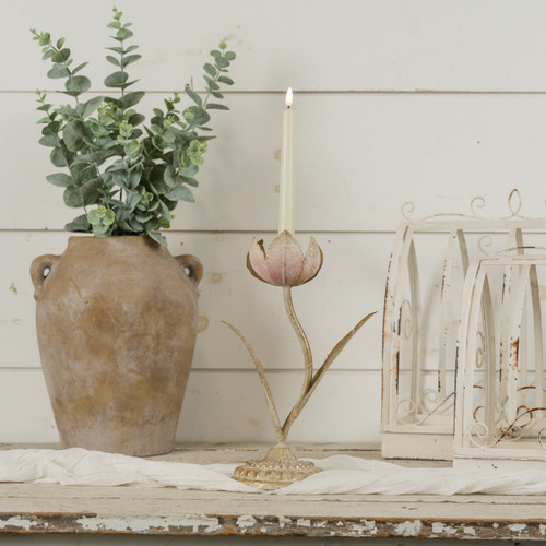 12.75IN GOLD FLOWER TAPER CANDLE HOLDER