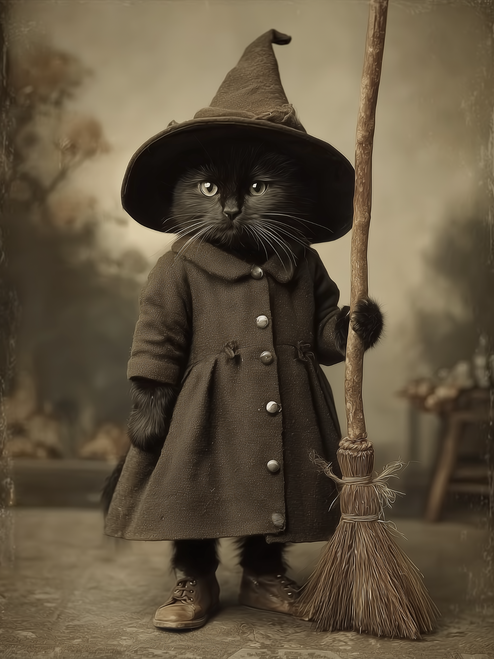 HMK1324B VINTAGE CAT WITCH PORTRAIT 4X6 BLOCK