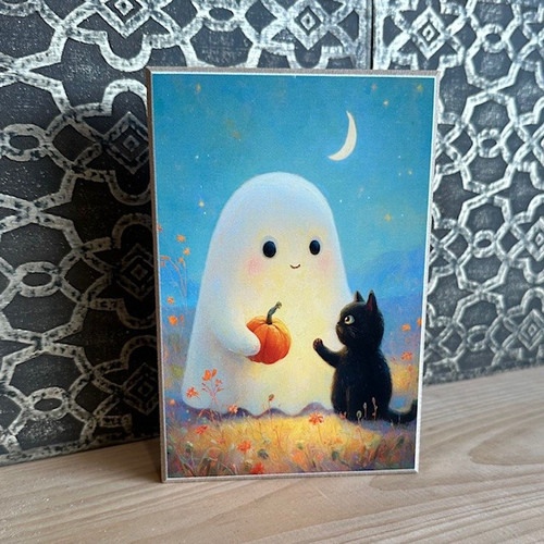 HMK1361B GHOST HOLDING PUMPKIN WITH CAT 4X6 BLOCK