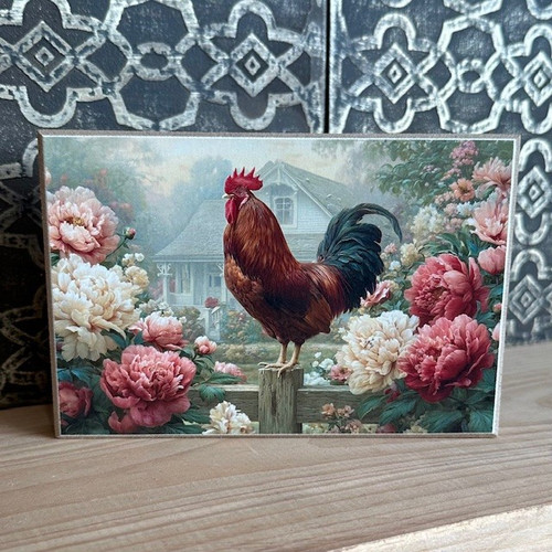 HMK1598B RED ROOSTER IN PEONIES 4X6 BLOCK
