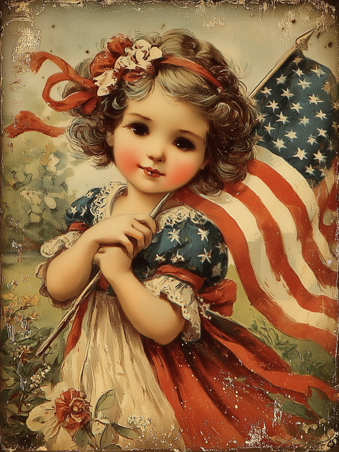 HMK1611B VINTAGE AMERICAN YOUNG GIRL WITH FLAG 4X6 BLOCK