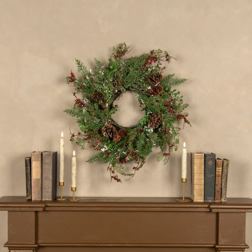 24" SNOW FLURRY WREATH W/ RED BERRIES