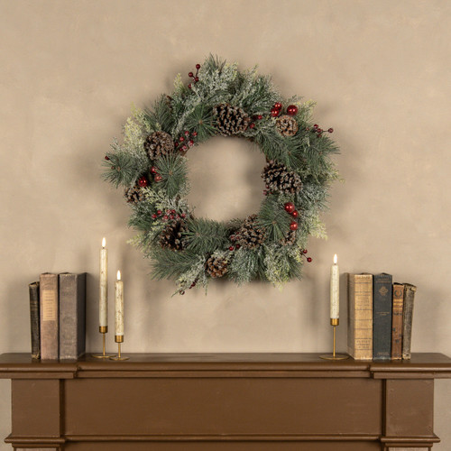 24" FROSTED PINE & CEDAR W/ BERRIES, ORNAMENTS & PINECONE WREATH
