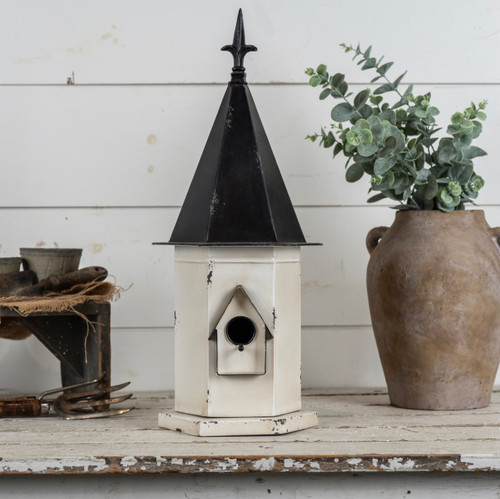 WHITE BIRDHOUSE W/ BLACK POINTED ROOF