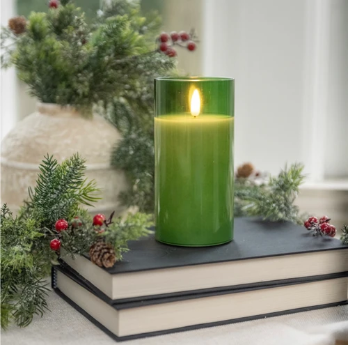 6" PINE GREEN GLASS 3D FLAME CANDLE
