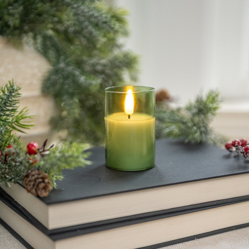 3IN PINE GREEN GLASS 3D FLAME CANDLE