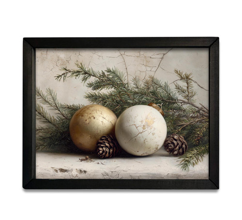 HMK1772 ANTIQUE ORNAMENTS IN PINE BOX FRAME