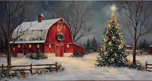 HMK1350L RED BARN CHRISTMAS SCENE