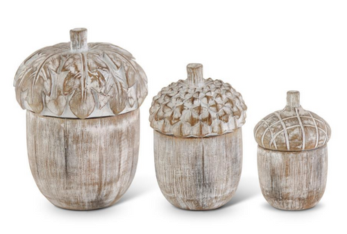 SET/3 WHITEWASHED RESIN ACORN LIDDED CONTAINERS