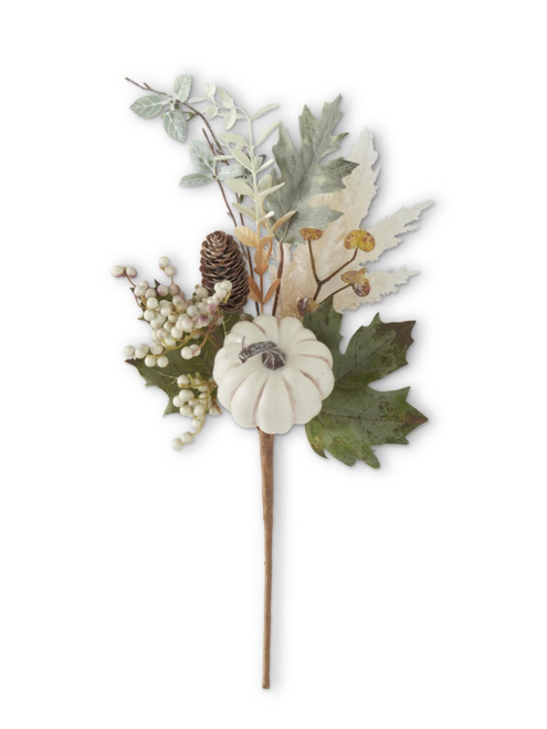 22in MIXED FALL FOLIAGE STEM W/WHITE PUMPKINS & PINECONES