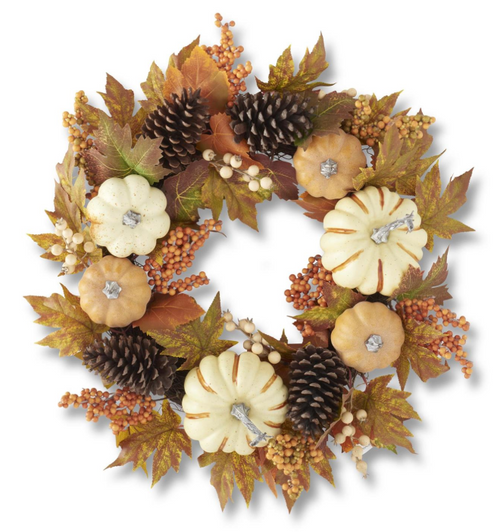 24in FALL LEAF & BERRY WREATH W/WHITE & ORANGE PUMPKINS