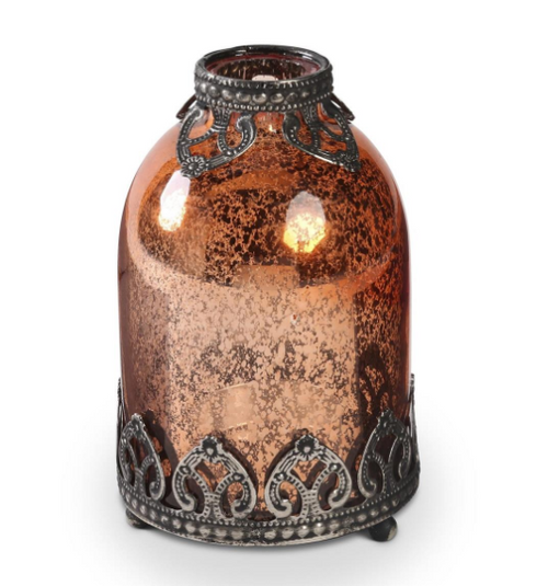 5.25in COPPER MERCURY GLASS VASE WITH METAL FILIGREE
