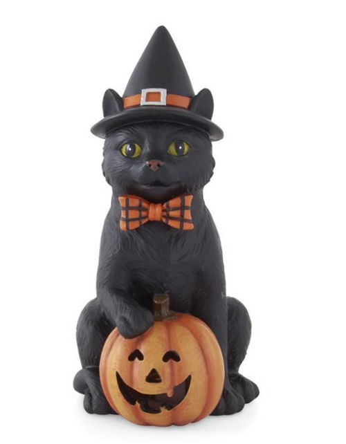 7.5in WITCH HAT BLACK CAT & LED JACK O LANTERN W/TIMER
