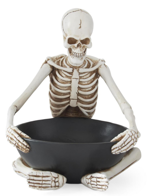 8in RESIN SITTING SKELETON HOLDING BLACK BOWL