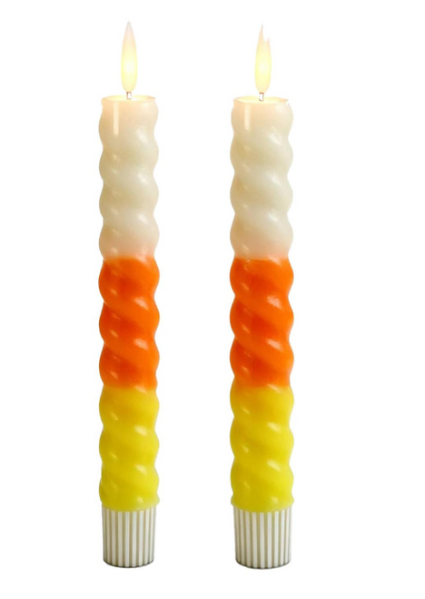 SET/2 9.75in CANDY CORN SPIRAL LED TAPER CANDLES W/TIMERS
