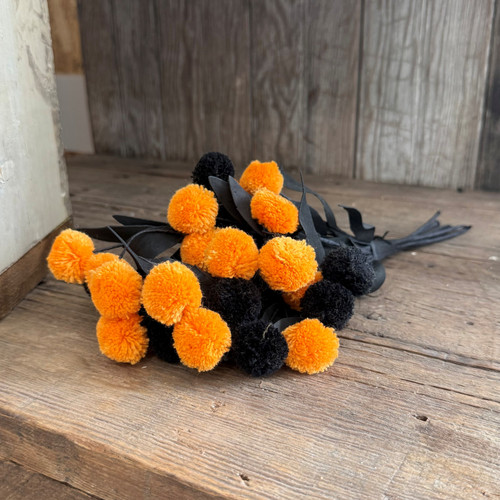 13in BLACK & ORANGE POMPOM PICK W/BLACK EVA LEAVES BUNDLE