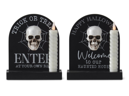 ASST HALLOWEEN MESSAGE SKULL SIGN W/LED CANDLE (EACH)