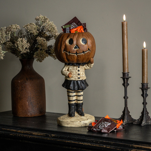 PUMPKIN GIRL W/STRIPED LEGGINGS CANDY DISH