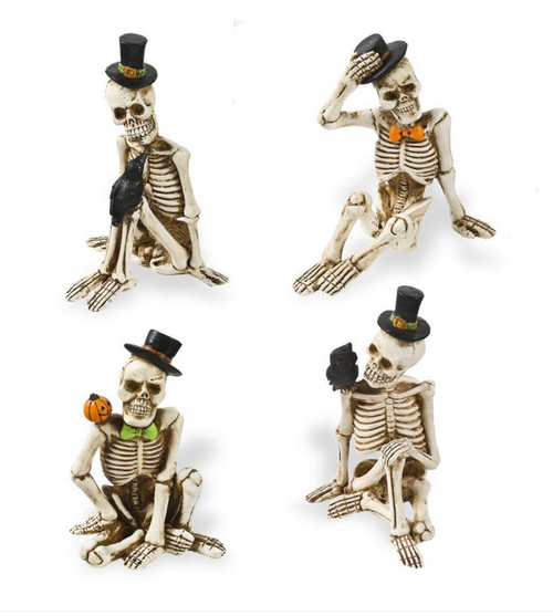 Assorted 4 Inch Sitting Resin Skeleton w/Top Hat