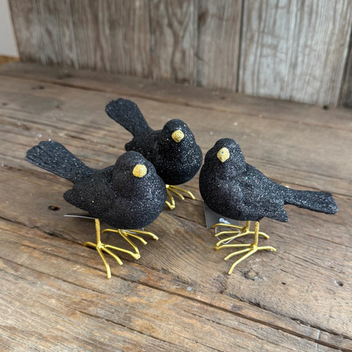 ASST 3.25IN GLITTERED BLACK RESIN BIRDS W/GOLD FEET (EACH)