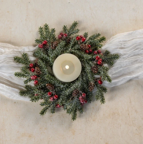 10IN PINE, BERRIES & PINECONE TAPER CANDLE RING