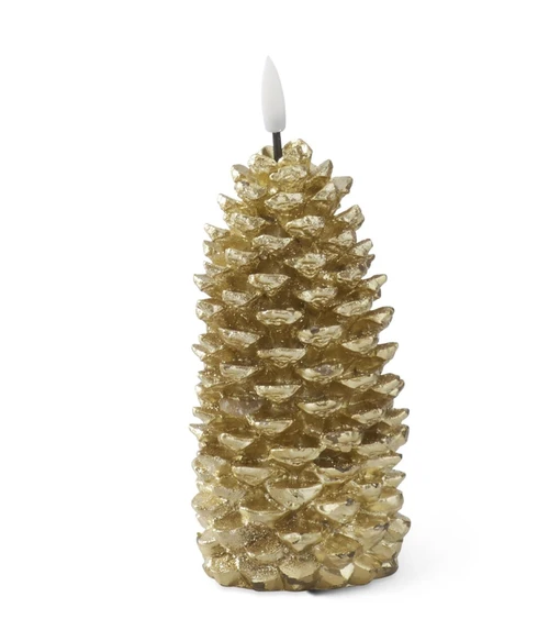 8 IN GOLD WAX LED PINECONE FLICKER FLAME CANDLE W/TIMER