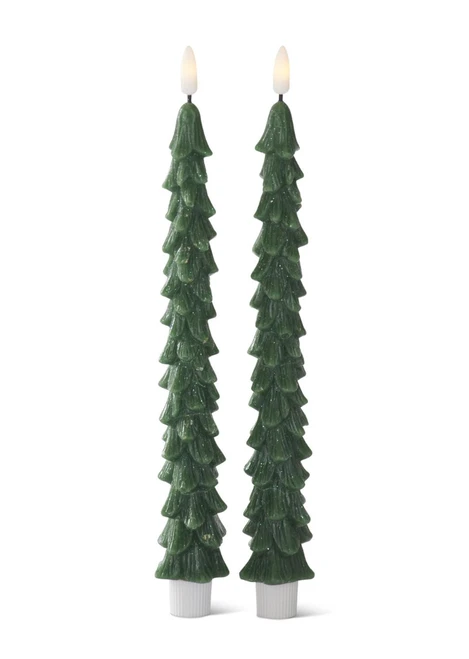 SET/2 11 IN GREEN WAX LED CHRISTMAS TREE TAPER CANDLES W/TIMER