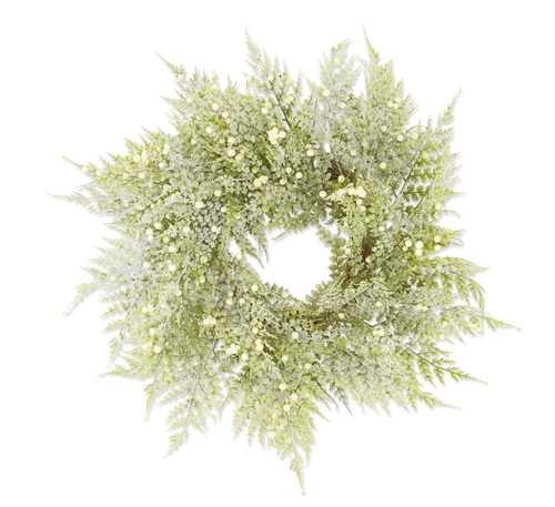 14.5 IN GLITTERED SNOWY FERN CANDLE RING W/MINI WHITE BERRIES