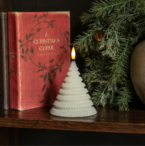 4.75IN CREAM SWEATER 3D FLAME LAYERED TREE CANDLE