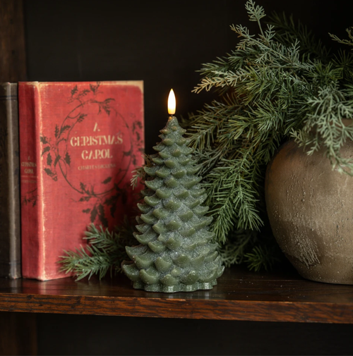 8IN GREEN SHIMMER 3D FLAME BALSAM TREE CANDLE