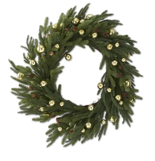 30IN REAL TOUCH PINE WREATH W/GOLD ORNAMENTS & MINI PINECONES (EACH)