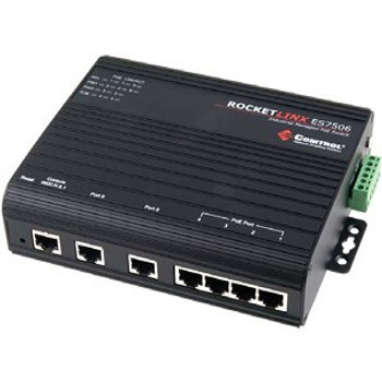 Comtrol RocketLinx ES7506 Managed 6-Port PoE Industrial Ethernet Switch mounted in a server rack