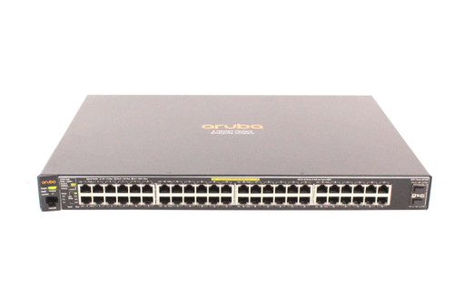 HPE Aruba 2530 48 1G RJ-45 2-SFP+ PoE+ 382W L2 Switch mounted in a network rack