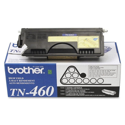Brother TN-460 black toner cartridge for printers, high-yield, reliable, ideal for office printing needs.