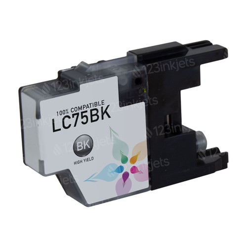 Brother LC-75BK high yield black ink cartridge for printers, designed for sharp text and reliable printing.