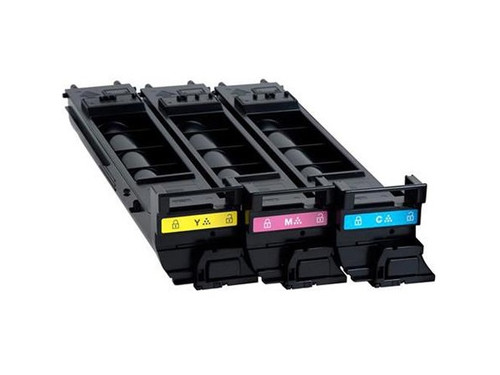 Konica Minolta A0DKJ32 C/M/Y toner cartridge value kit with cyan, magenta, and yellow toners for high-quality color printing.