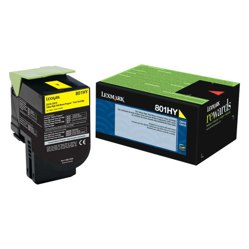 Lexmark 80C1HY0 high yield yellow toner cartridge for laser printers, ideal for vibrant color printing.